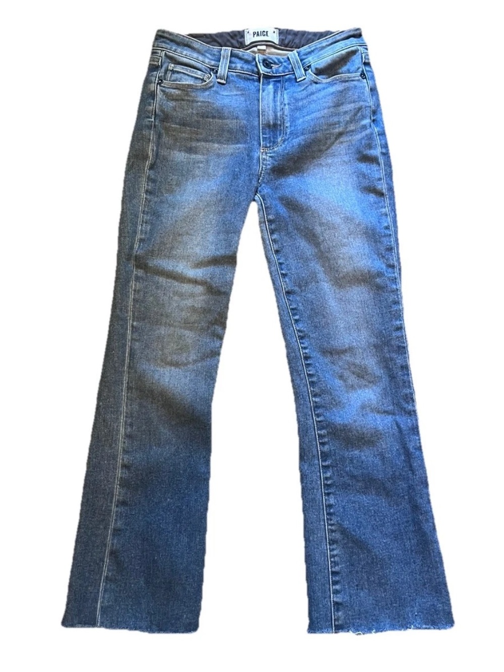 PAIGE Colette Crop Flare Mid Rise Raw Frayed Hem Blue Jeans Women's Size 24
